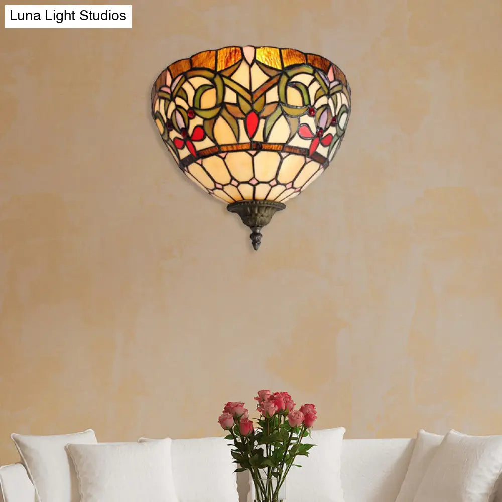 Stained Glass Wall Sconce With Rustic Bowl Design - Multi-Colored 1 Bulb Lighting For Staircases