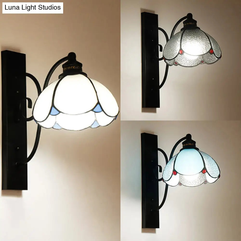 Stained Glass Wall Sconce With Scalloped Design And 3 Lights In White Clear Blue