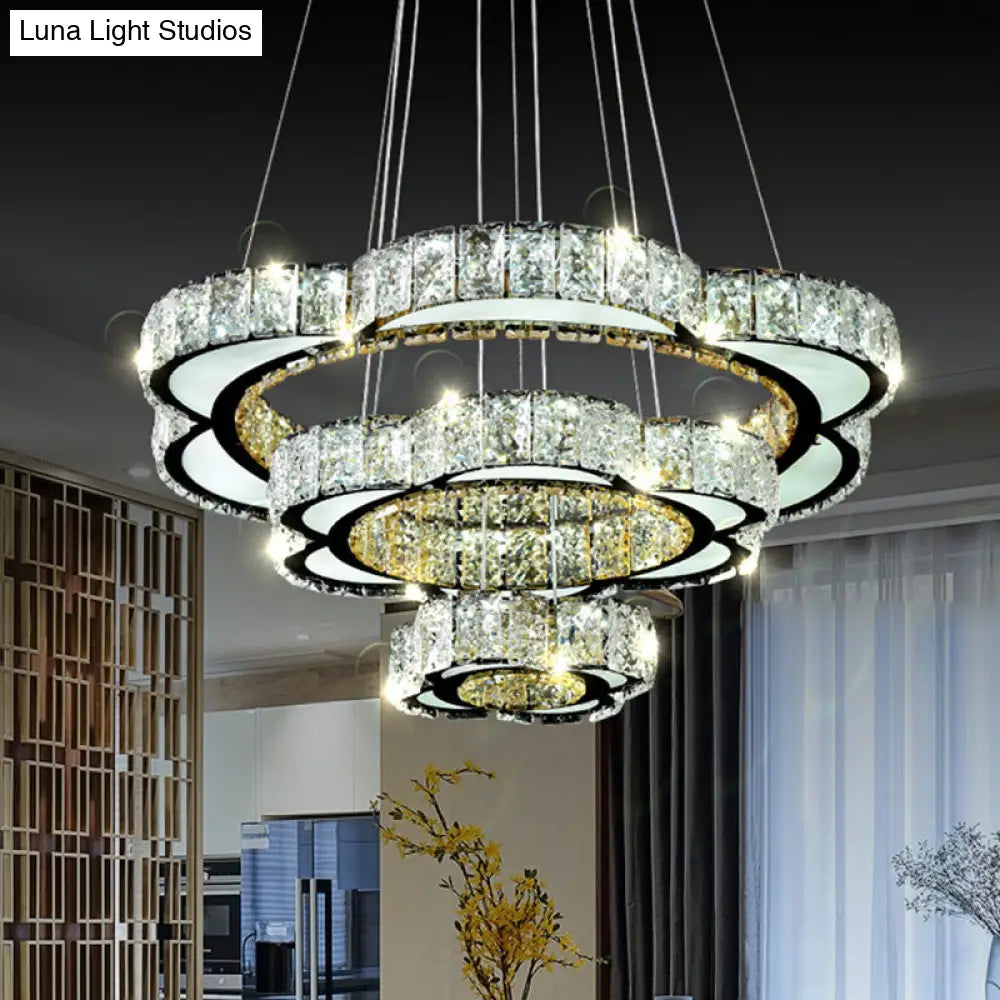 Stainless-Steel 3-Tier Flower Chandelier With Faceted Crystal Led Pendant In Warm/White Light -