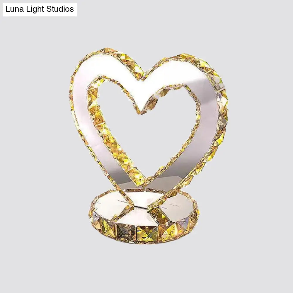 Stainless Steel Heart Shaped Led Table Lamp In Warm/White Light - Modern Crystal Design For Bedroom