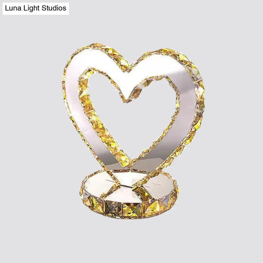 Stainless Steel Heart Shaped Led Table Lamp In Warm/White Light - Modern Crystal Design For Bedroom