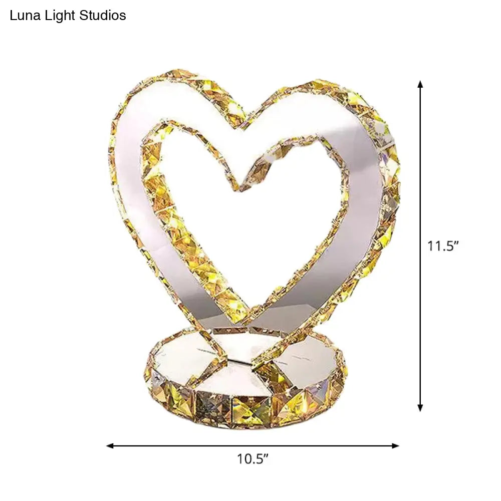 Stainless Steel Heart Shaped Led Table Lamp In Warm/White Light - Modern Crystal Design For Bedroom