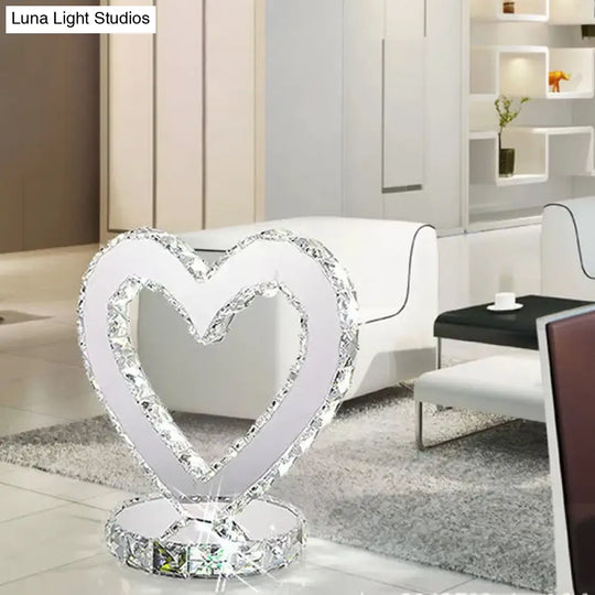 Stainless Steel Heart Shaped Led Table Lamp In Warm/White Light - Modern Crystal Design For Bedroom