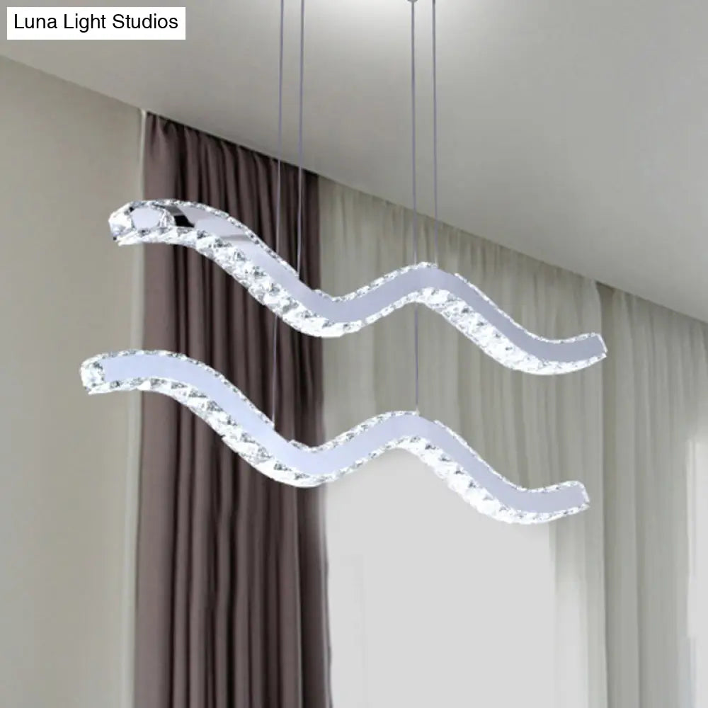 Stainless Steel Island Pendant Led Hanging Light With Wavy Crystal Strip - Minimalistic Office