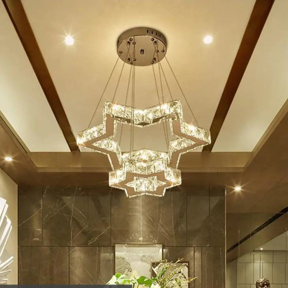 Stainless-Steel Led Ceiling Chandelier: Crystal Block Five-Pointed Star Hanging Light Warm/White/3