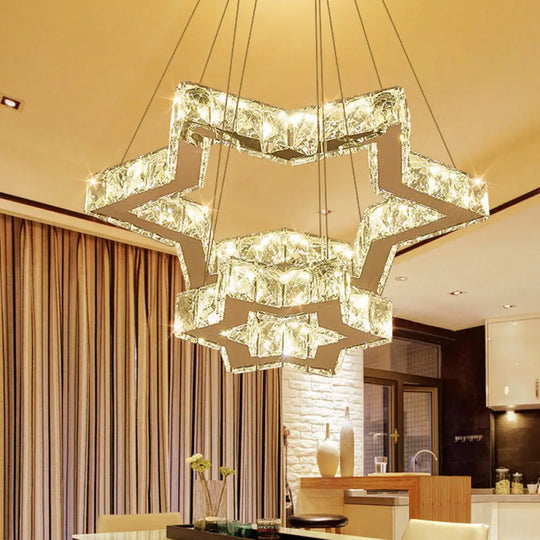 Stainless-Steel Led Ceiling Chandelier: Crystal Block Five-Pointed Star Hanging Light Warm/White/3