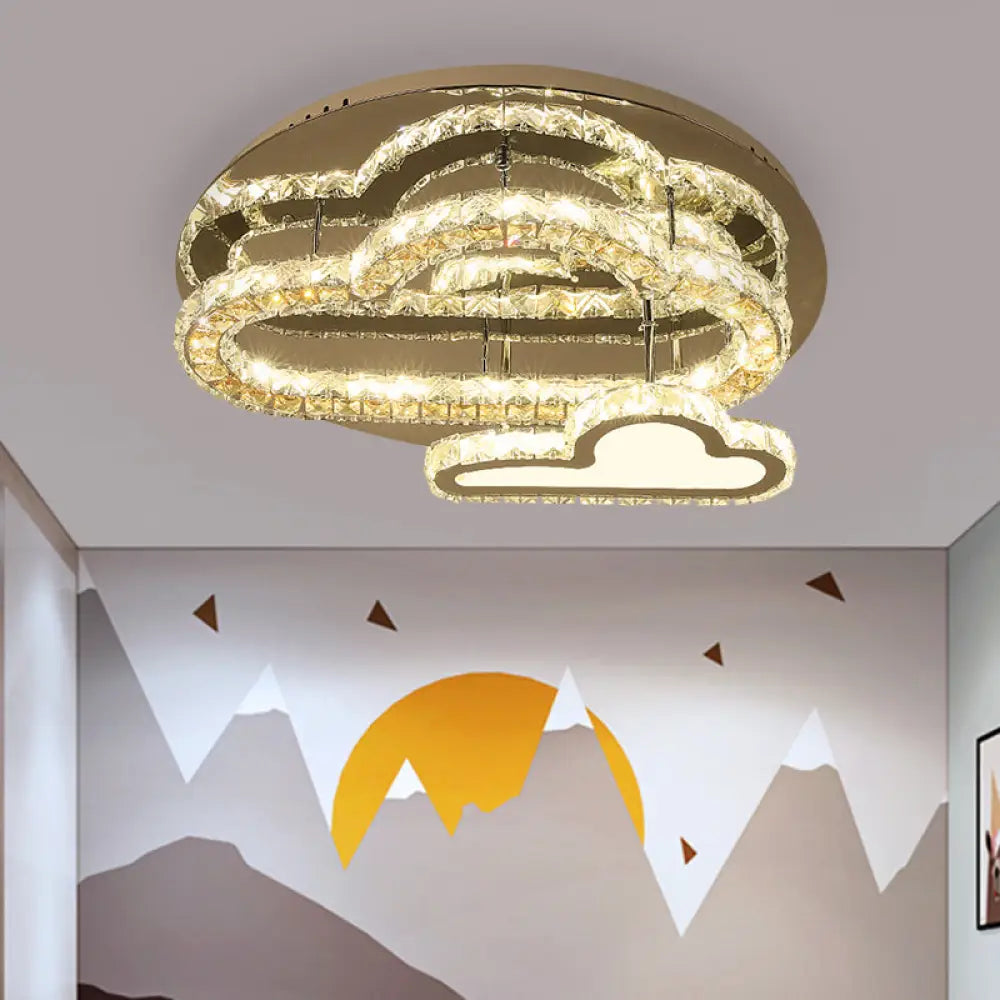Stainless-Steel Led Ceiling Light With Clear Square-Cut Crystals - Modern Cloud Semi Flush Mount