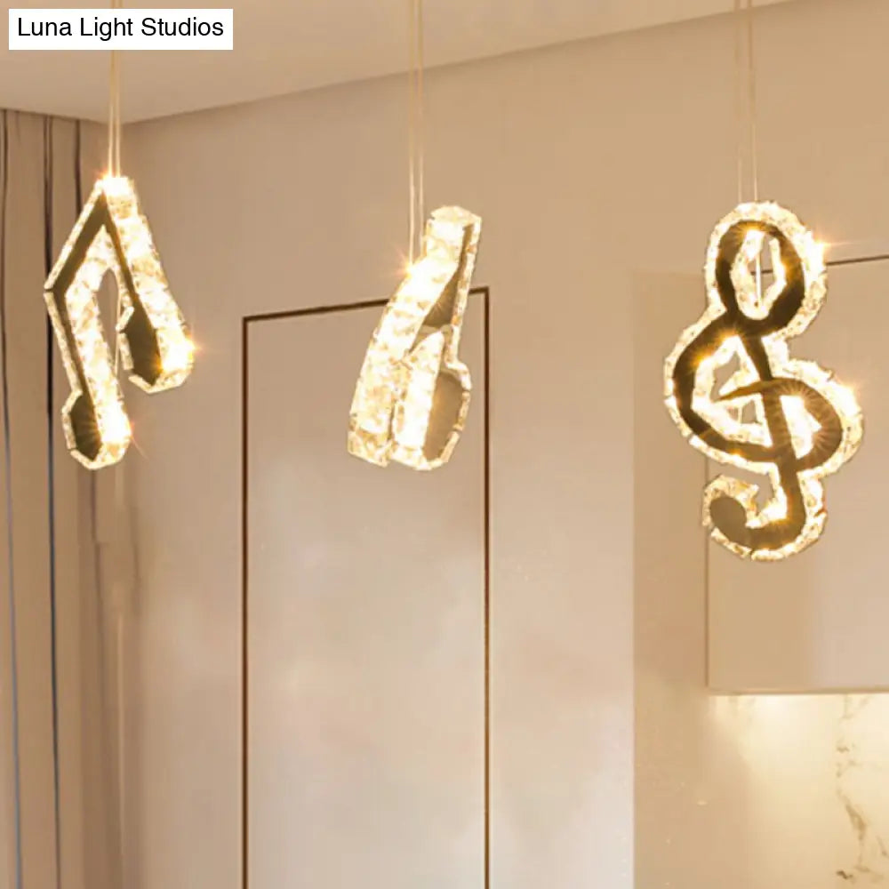 Minimalist Cut Crystal Led Pendant Light With Musical Note Suspension - Stainless Steel Lamp