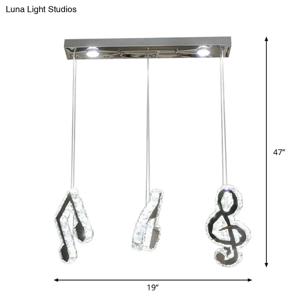 Minimalist Cut Crystal Led Pendant Light With Musical Note Suspension - Stainless Steel Lamp