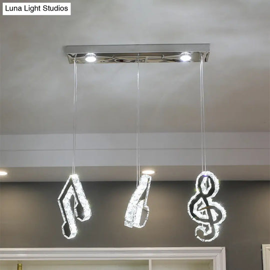 Minimalist Cut Crystal Led Pendant Light With Musical Note Suspension - Stainless Steel Lamp