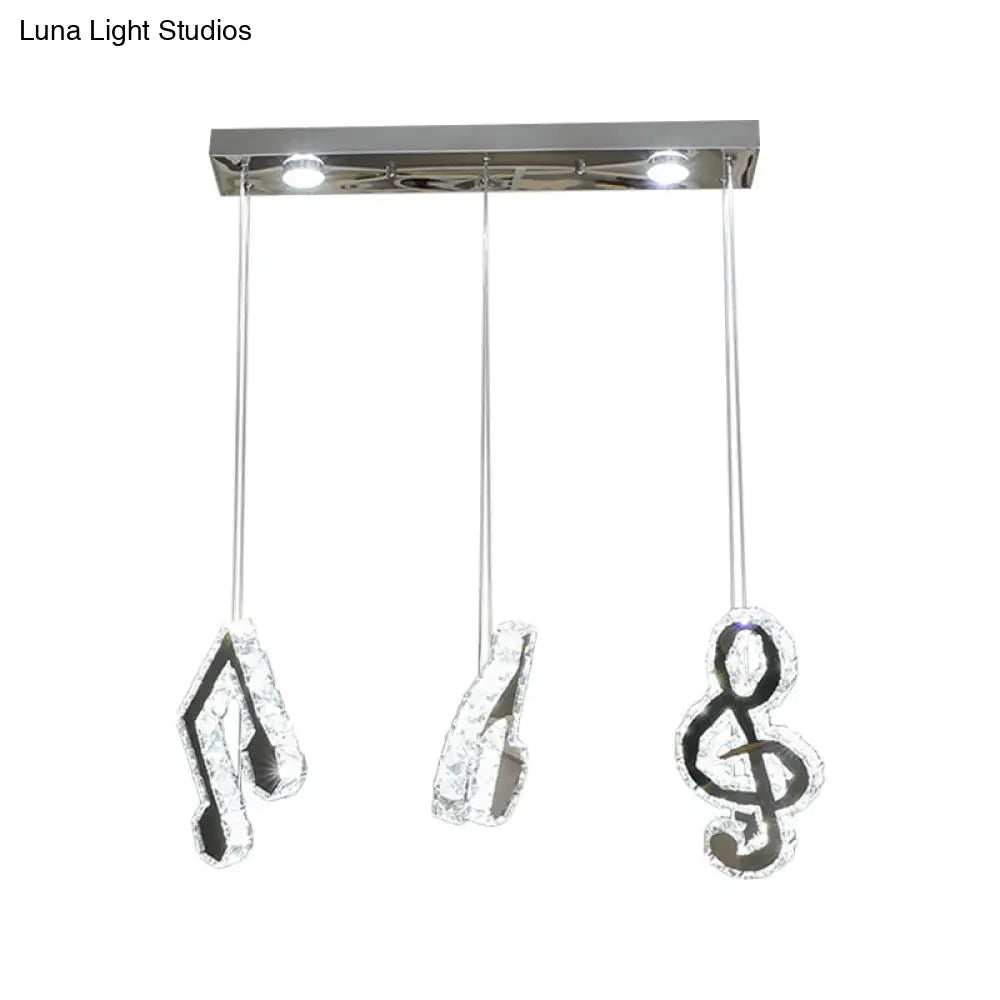 Minimalist Cut Crystal Led Pendant Light With Musical Note Suspension - Stainless Steel Lamp