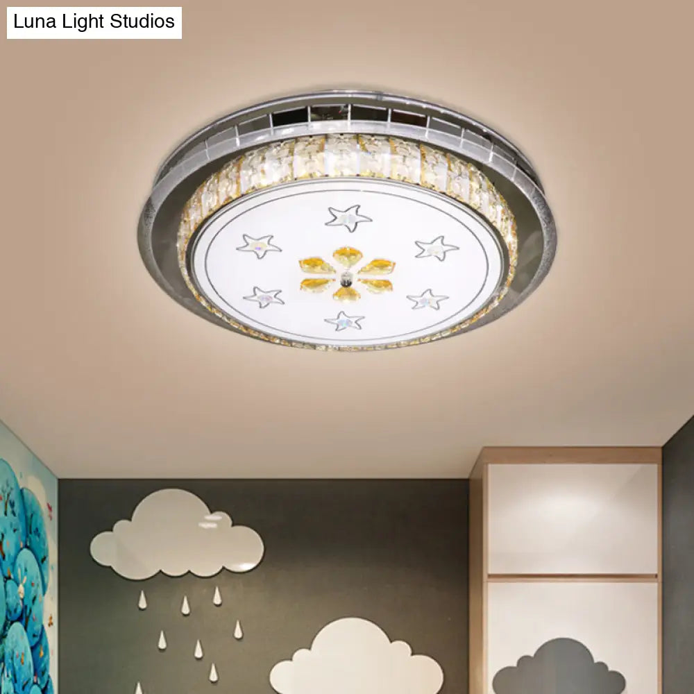 Stainless-Steel Led Flush Light Fixture With Clear Faceted Crystal Blocks - Modern Circular Ceiling