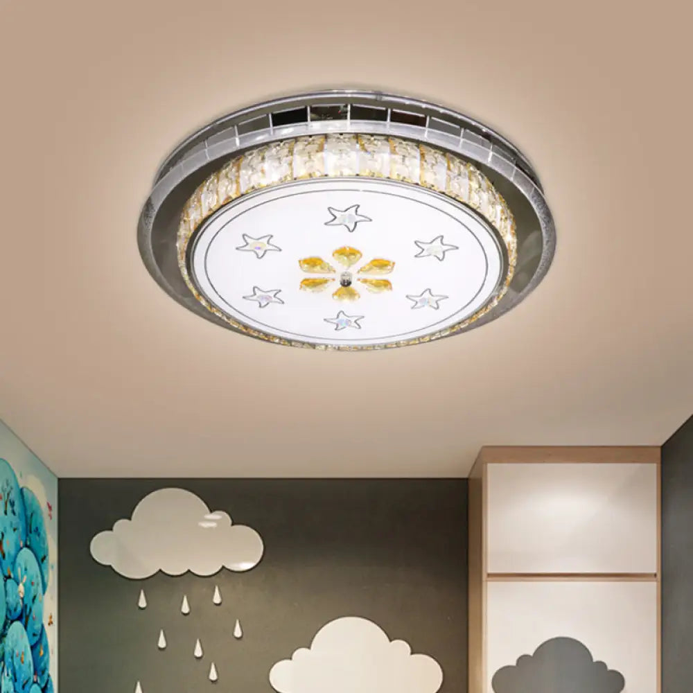 Stainless-Steel Led Flush Light Fixture With Clear Faceted Crystal Blocks - Modern Circular Ceiling