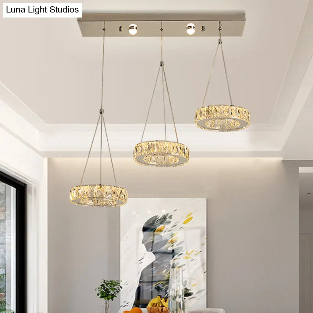 Modern 3-Ring Swag Light With Clear Rectangular-Cut Crystals - Led Plug-In Pendant In