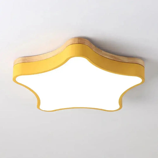 Star Girls Bedroom Led Flush Ceiling Light With Contemporary Acrylic And Wood Backplate Yellow /