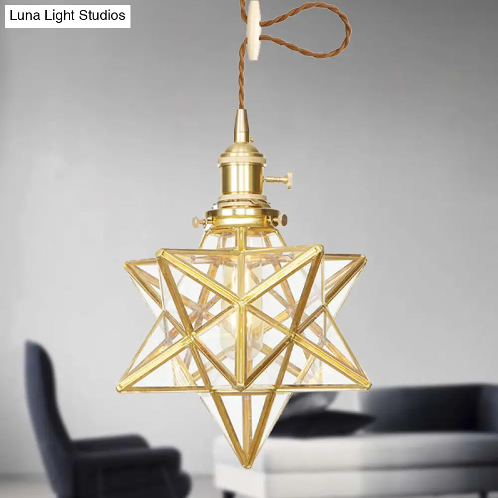 Postmodern Star Shaped Pendant Light Kit - Brass 1 With Clear/Frosted Glass And Adjustable Rope /