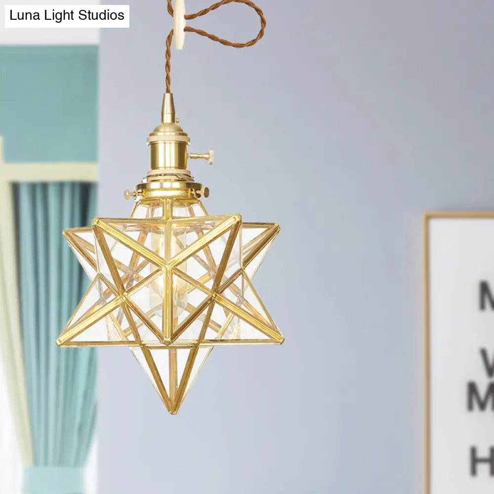 Star Shaped Pendant Light: Postmodern Clear/Frosted Glass With Brass Hanging Kit & Adjustable Rope