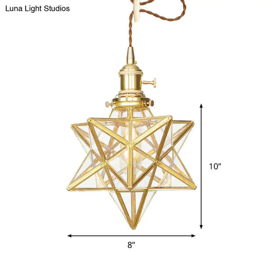 Postmodern Star Shaped Pendant Light Kit - Brass 1 With Clear/Frosted Glass And Adjustable Rope