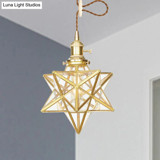 Star Shaped Pendant Light: Postmodern Clear/Frosted Glass With Brass Hanging Kit & Adjustable Rope