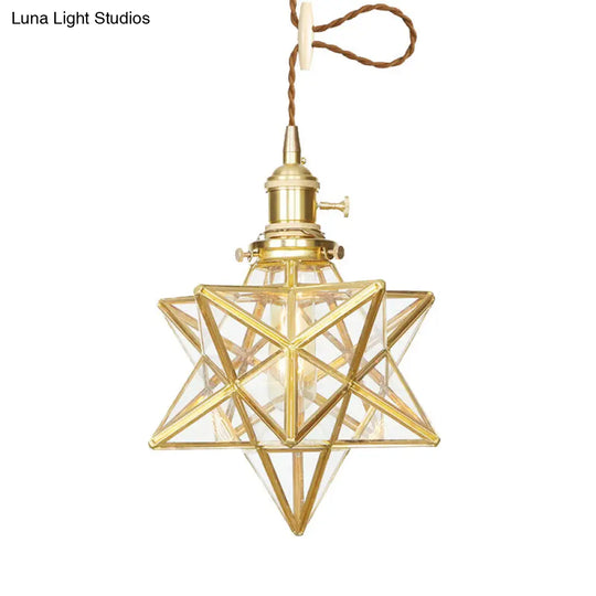 Postmodern Star Shaped Pendant Light Kit - Brass 1 With Clear/Frosted Glass And Adjustable Rope