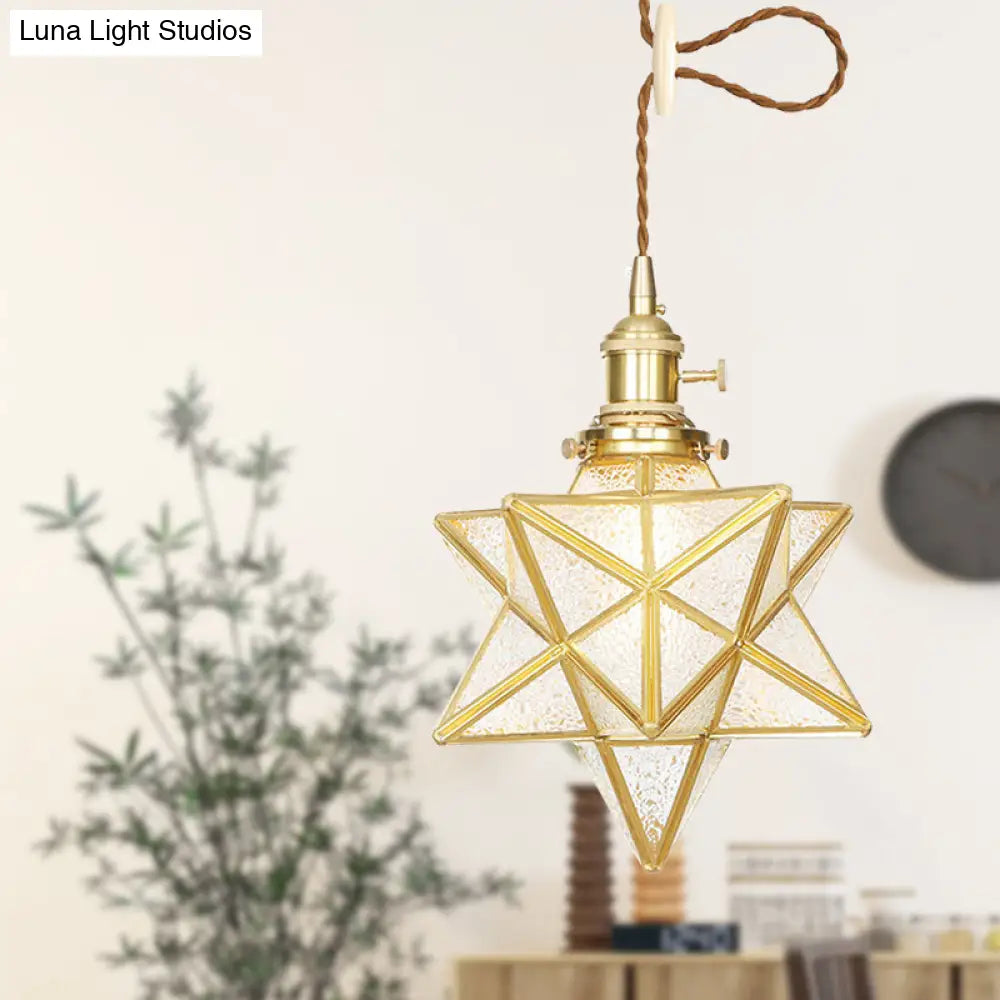 Star Shaped Pendant Light: Postmodern Clear/Frosted Glass With Brass Hanging Kit & Adjustable Rope