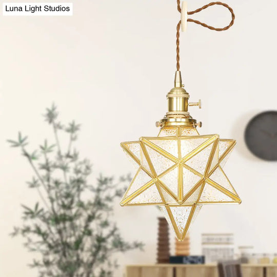 Star Shaped Pendant Light: Postmodern Clear/Frosted Glass With Brass Hanging Kit & Adjustable Rope