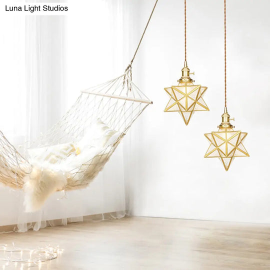 Postmodern Star Shaped Pendant Light Kit - Brass 1 With Clear/Frosted Glass And Adjustable Rope