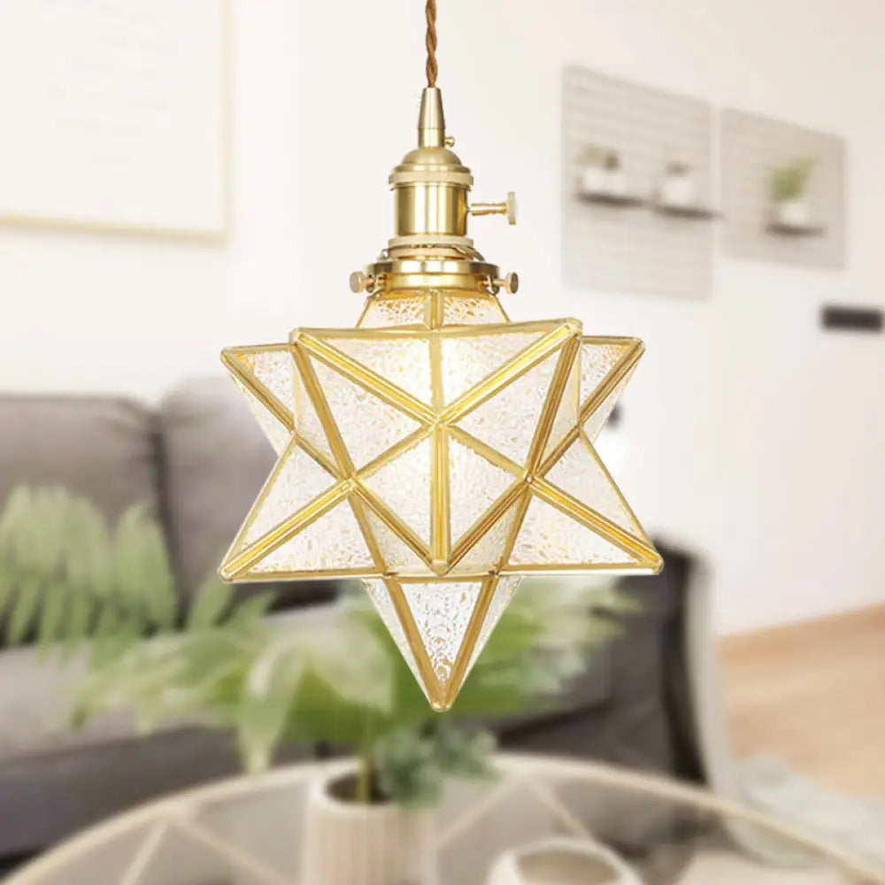 Star Shaped Pendant Light: Postmodern Clear/Frosted Glass With Brass Hanging Kit & Adjustable Rope