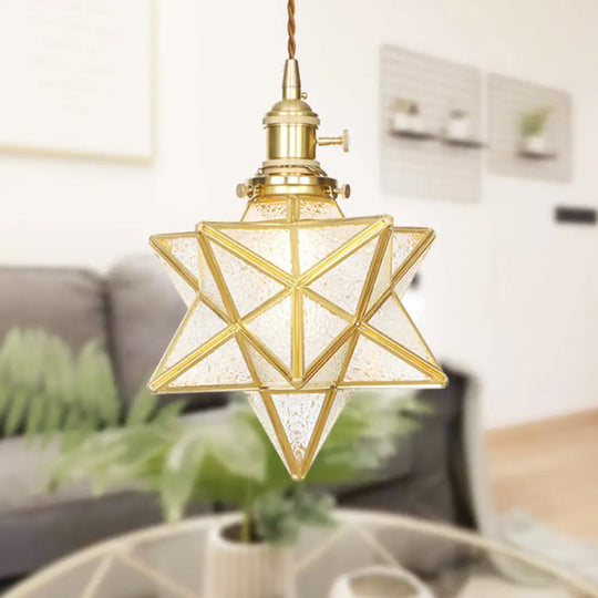 Star Shaped Pendant Light: Postmodern Clear/Frosted Glass With Brass Hanging Kit & Adjustable Rope