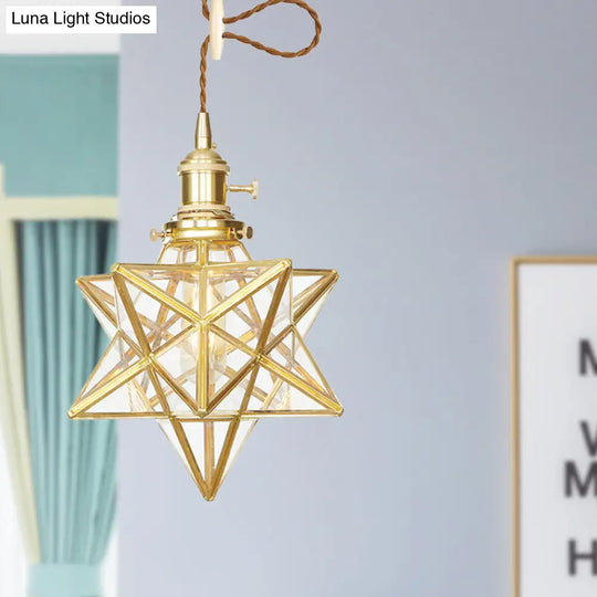 Postmodern Star Shaped Pendant Light Kit - Brass 1 With Clear/Frosted Glass And Adjustable Rope