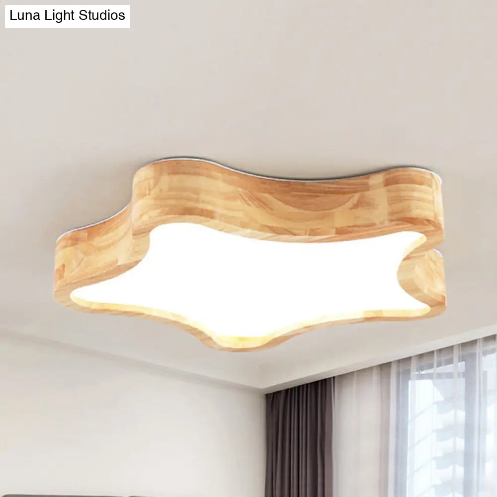Star Wooden Flush Mount Ceiling Light For Designer Bedroom In Beige