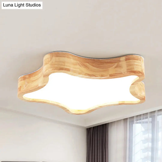 Star Wooden Flush Mount Ceiling Light For Designer Bedroom In Beige