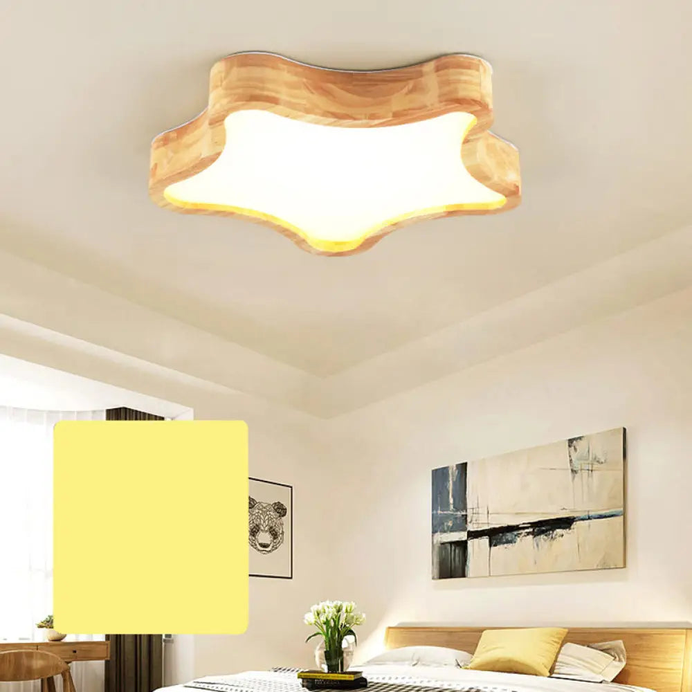 Star Wooden Flush Mount Ceiling Light For Designer Bedroom In Beige Wood