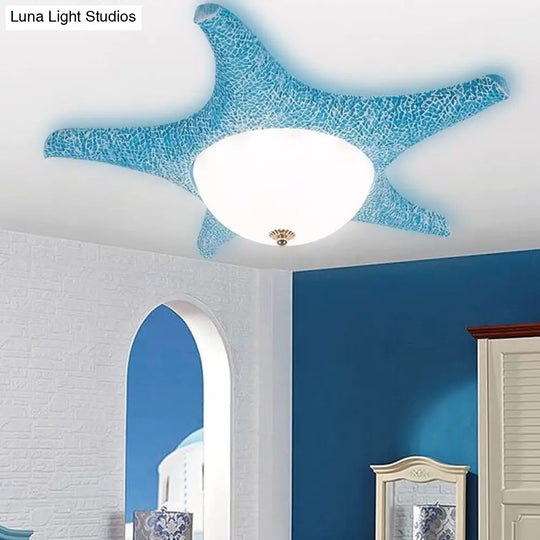 Starfish Kindergarten Led Flush Mount: Resin Ceiling Lighting With Blue Dome Glass Shade / White