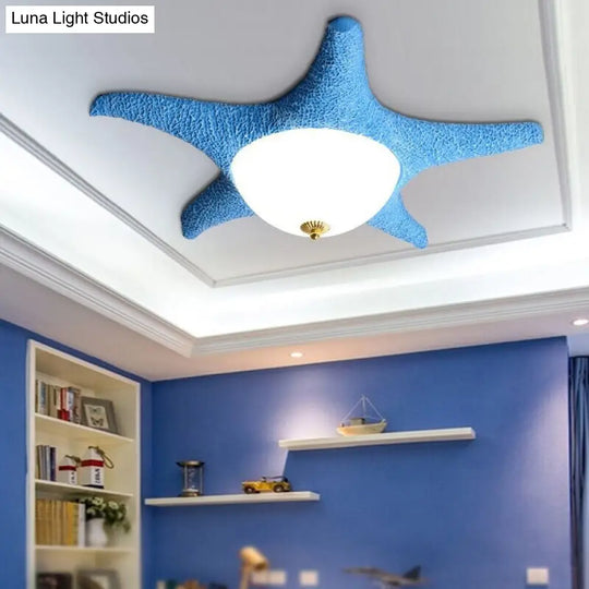 Starfish Kindergarten Led Flush Mount: Resin Ceiling Lighting With Blue Dome Glass Shade