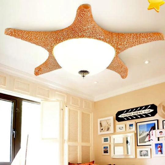 Starfish Kindergarten Led Flush Mount: Resin Ceiling Lighting With Blue Dome Glass Shade Yellow /