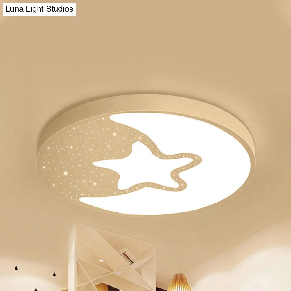 Starry Kid Bedroom Flush Ceiling Light - Crescent Metal Led Fixture In White