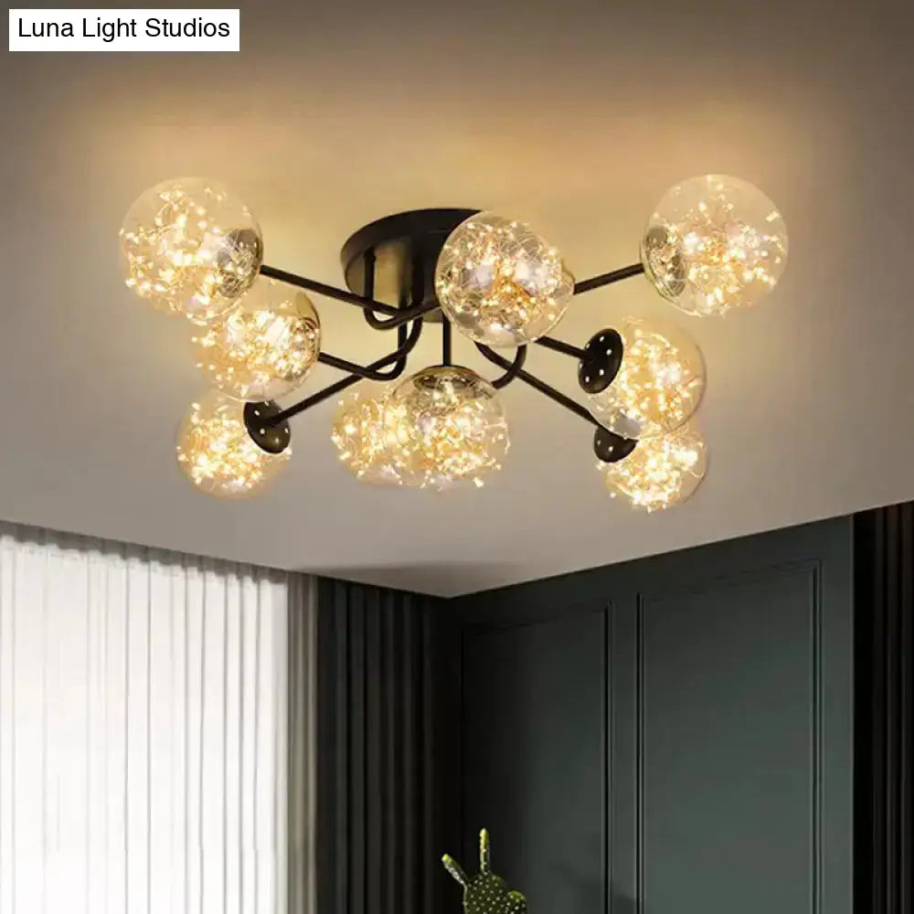 Starry Led Black Metal Ceiling Lamp With Global Glass Shade - Modern Sputnik Style