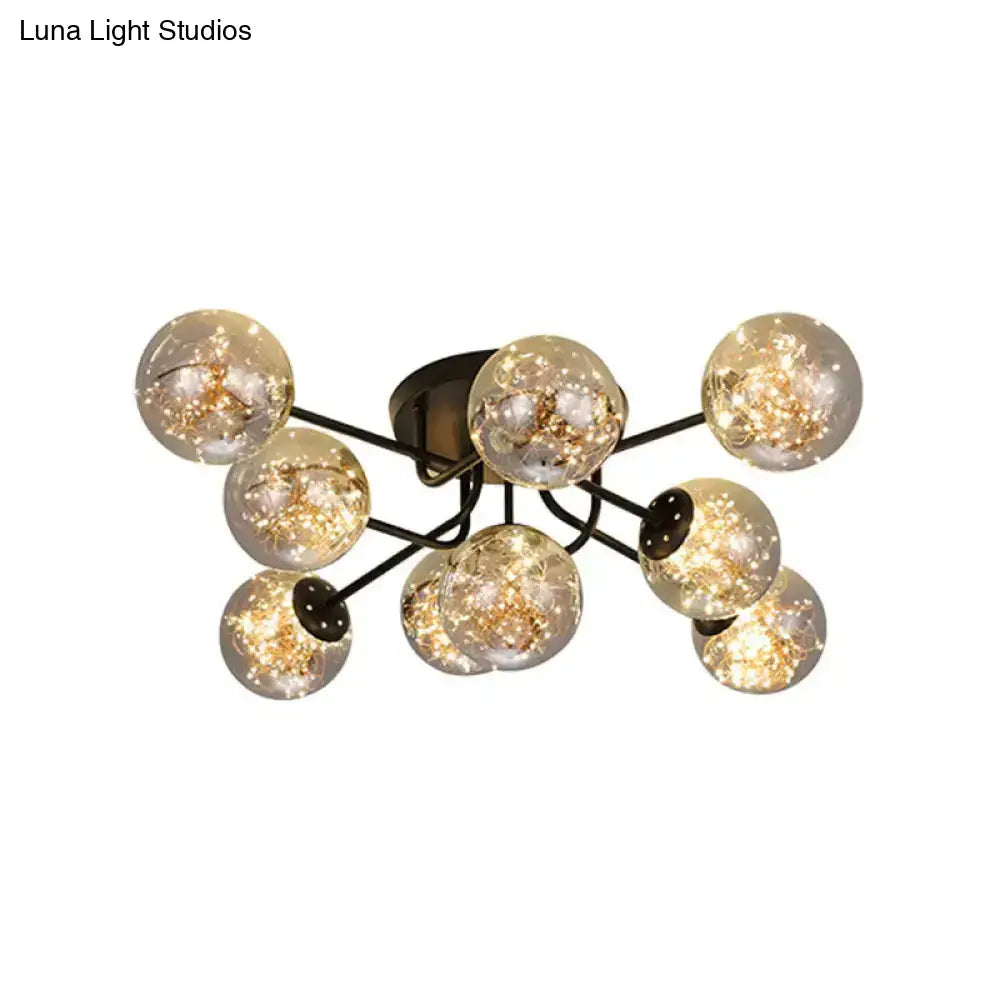 Starry Led Black Metal Ceiling Lamp With Global Glass Shade - Modern Sputnik Style