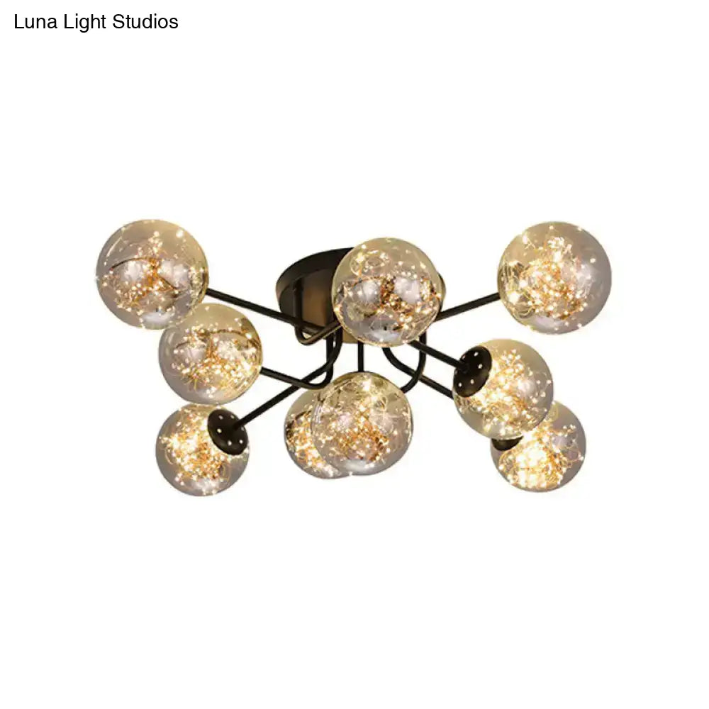 Starry Led Black Metal Ceiling Lamp With Global Glass Shade - Modern Sputnik Style