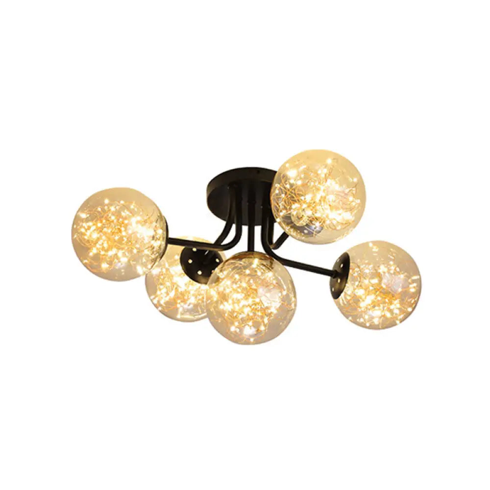 Starry Led Black Metal Ceiling Lamp With Global Glass Shade - Modern Sputnik Style 5 / Amber