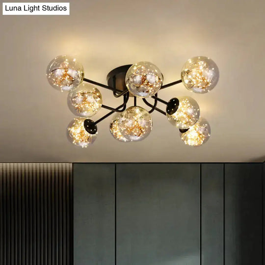 Starry Led Black Metal Ceiling Lamp With Global Glass Shade - Modern Sputnik Style