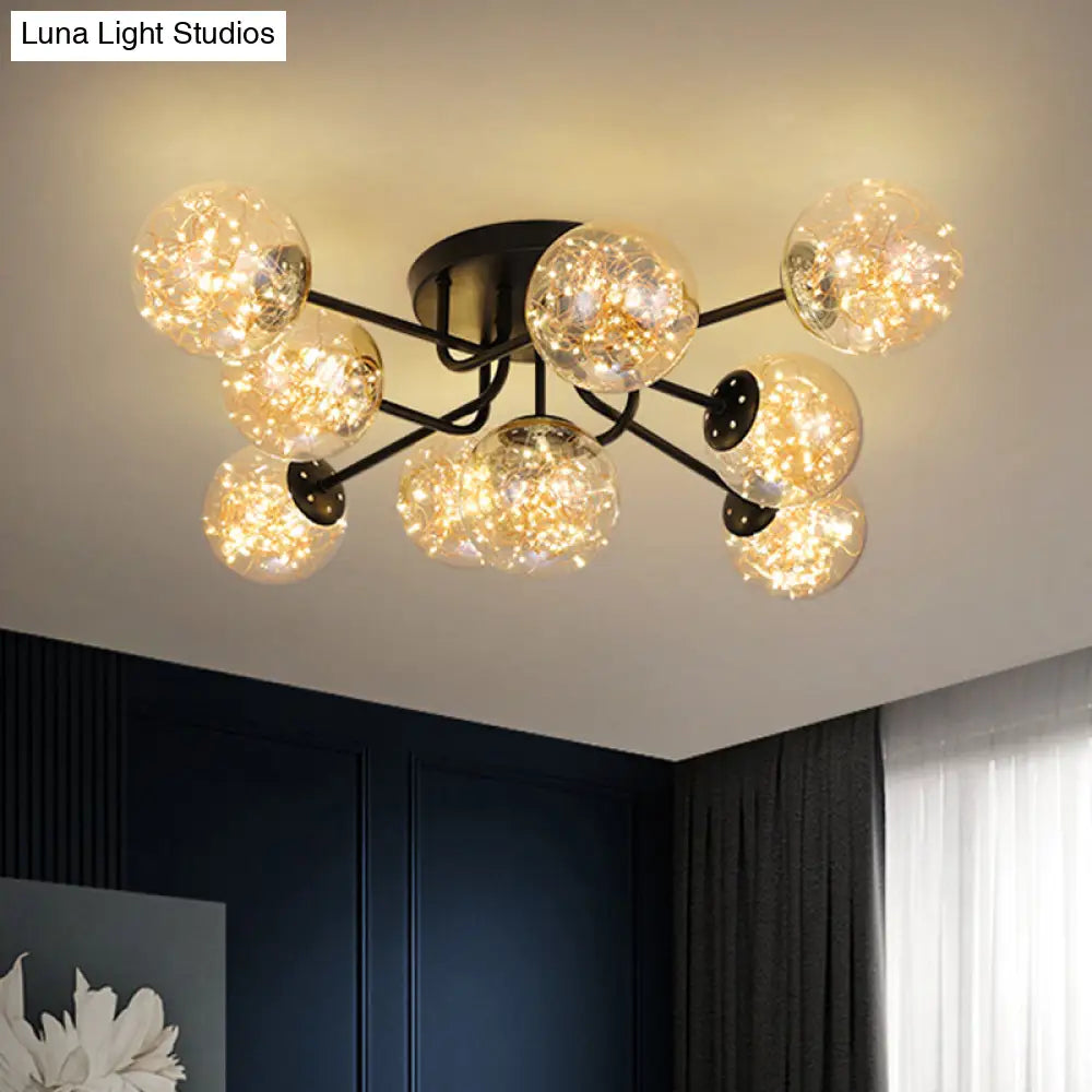 Starry Led Black Metal Ceiling Lamp With Global Glass Shade - Modern Sputnik Style