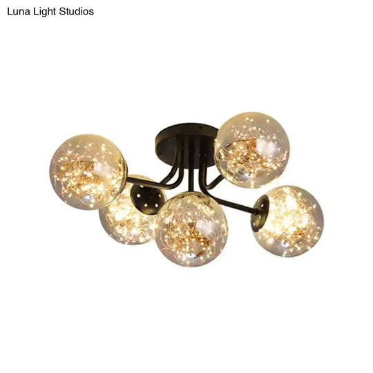 Starry Led Black Metal Ceiling Lamp With Global Glass Shade - Modern Sputnik Style