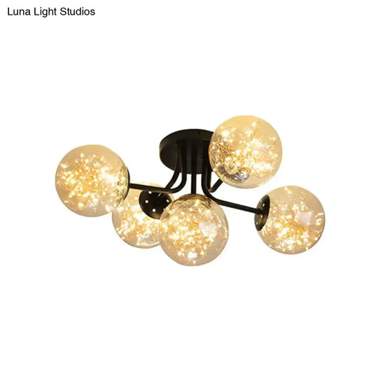 Starry Led Black Metal Ceiling Lamp With Global Glass Shade - Modern Sputnik Style