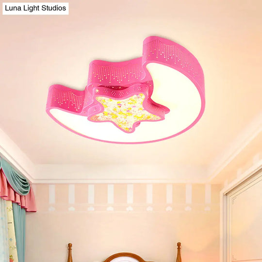 Starry Moon And Pentagram Led Ceiling Flush Lighting For Kids Bedroom - Acrylic Blue/Pink/White