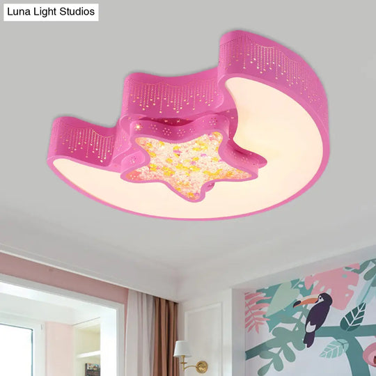 Starry Moon And Pentagram Led Ceiling Flush Lighting For Kids Bedroom - Acrylic Blue/Pink/White Pink
