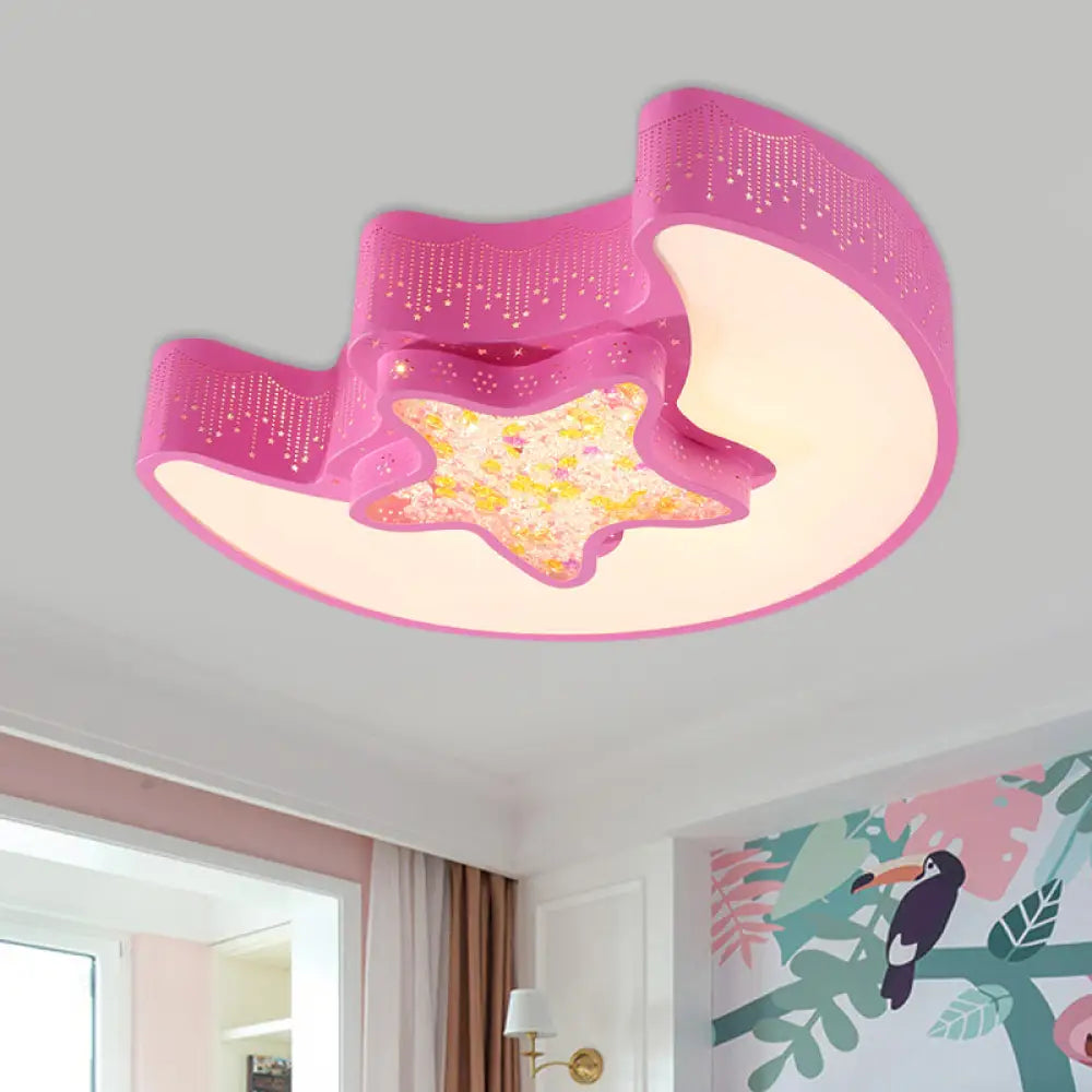 Starry Moon And Pentagram Led Ceiling Flush Lighting For Kids’ Bedroom - Acrylic Blue/Pink/White