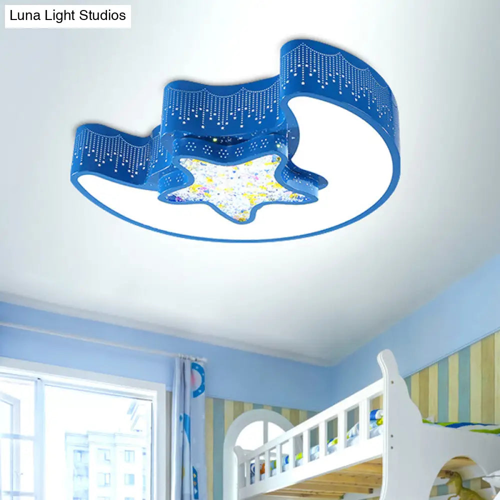 Starry Moon And Pentagram Led Ceiling Flush Lighting For Kids Bedroom - Acrylic Blue/Pink/White Blue