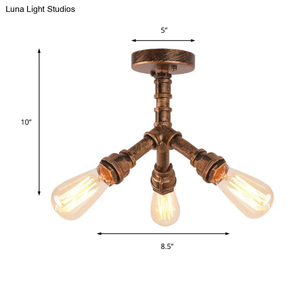 Steampunk 3 - Light Semi Flush Ceiling Fixture With Metallic Pipe Shade In Aged Bronze For Living